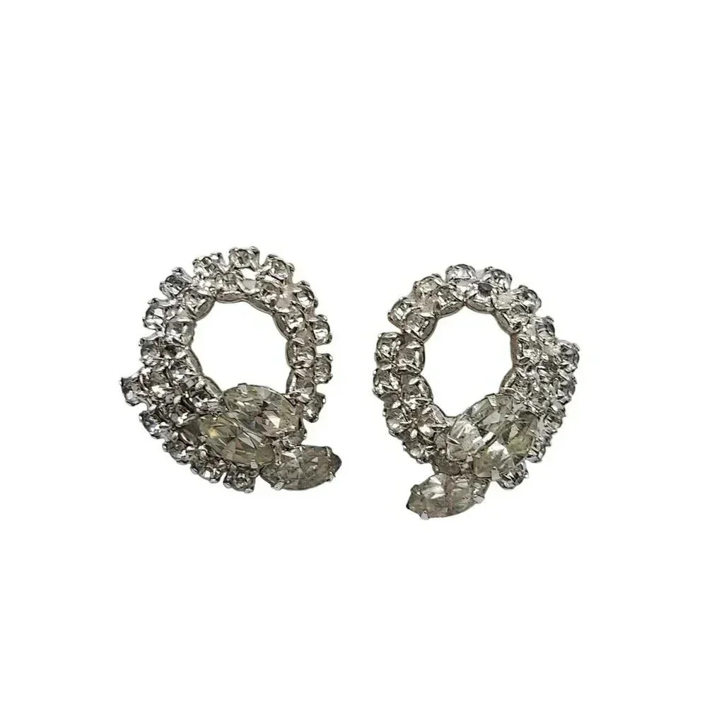 Clear Rhinestone Crystal Twist Clip on Earrings Silver Tone Vintage Deco Style